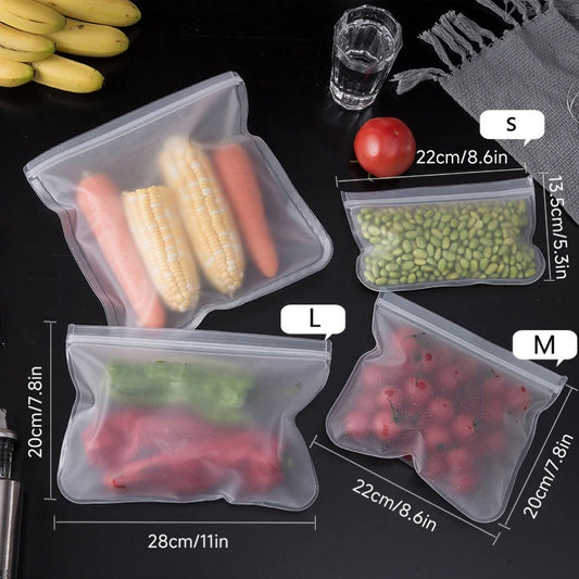 Food safe reusable stand up zip bags made from polyethylene silicone, designed with leak-proof technology for fresh food preservation. The bags feature a rectangular shape and an in-line skate design for easy storage and transportation.