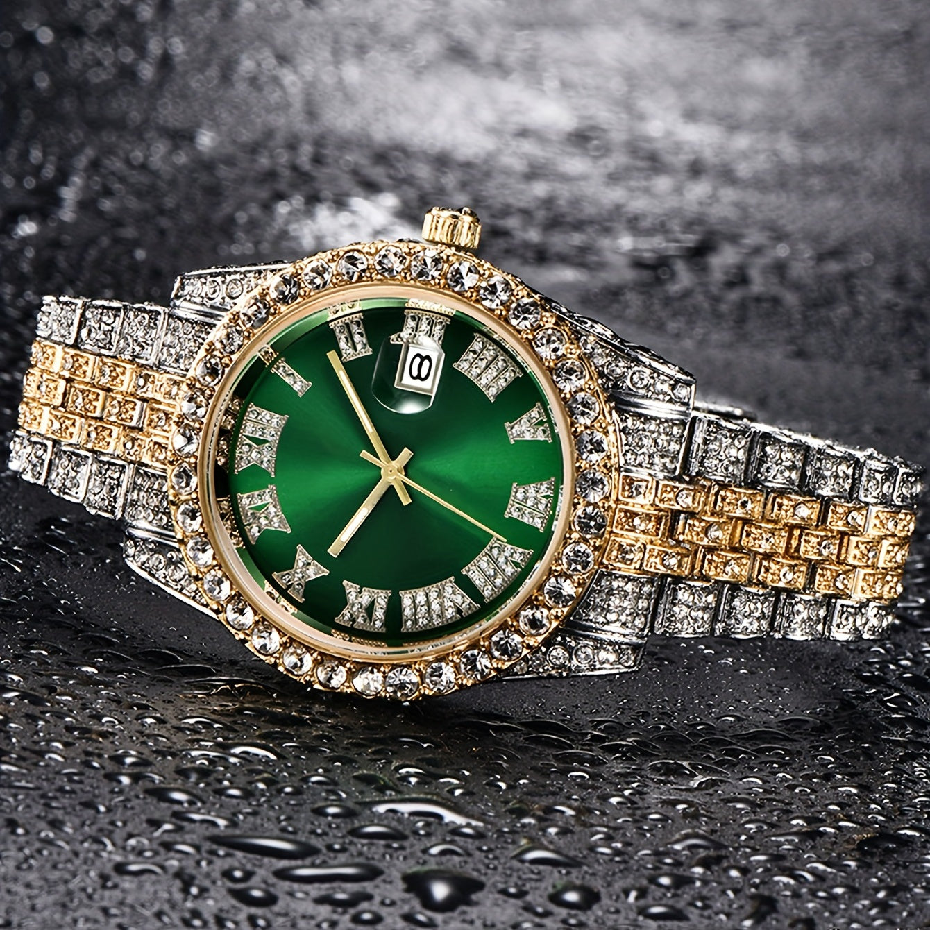 Elegant and luxurious full artificial diamond steel strap quartz watch with calendar, perfect for parties and gift-giving.