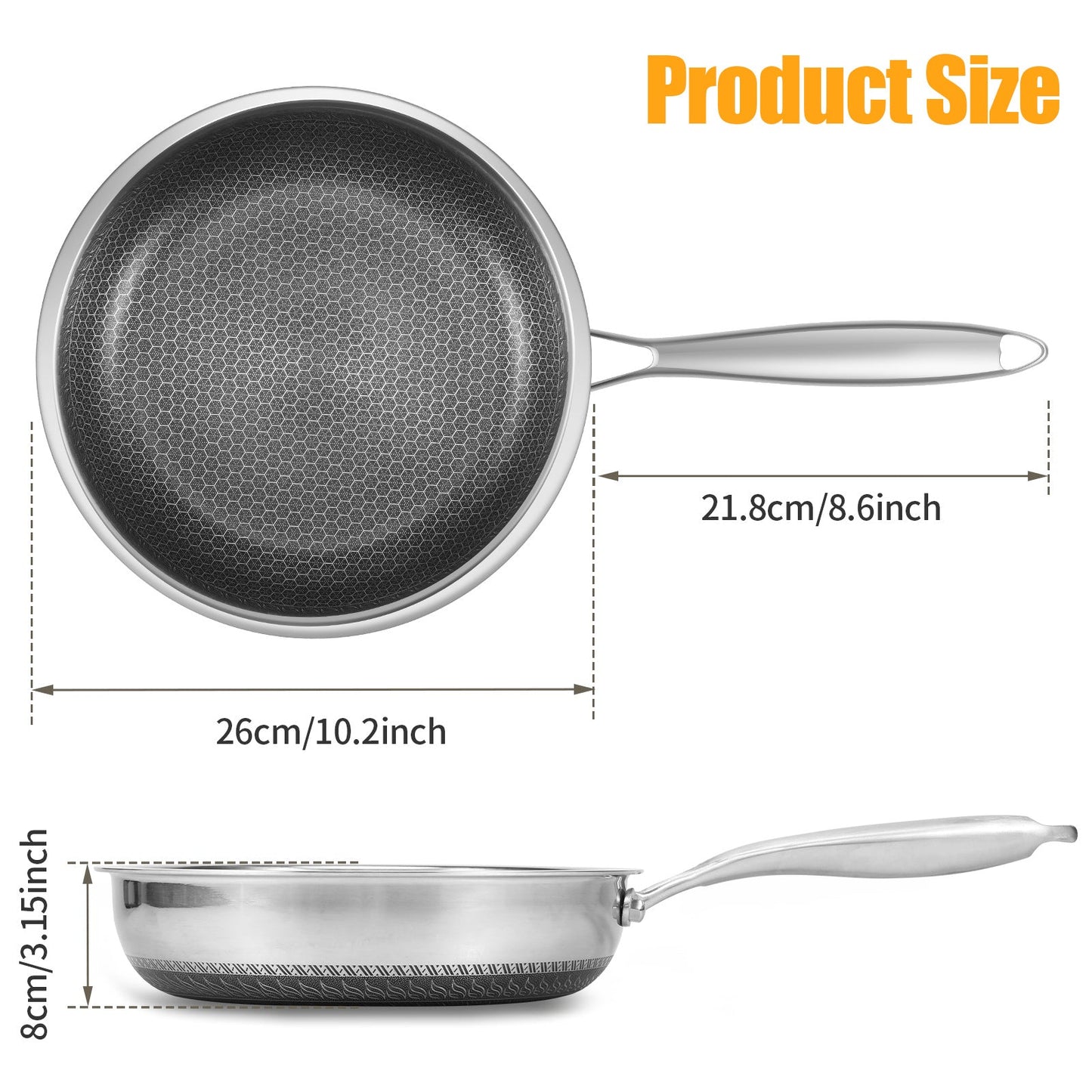 Stainless Steel Frying Pan with Lid, Honeycomb Nonstick Cooking Skillet - Jetcloud 25.4 cm - Anti-Scratch Induction Compatible - Detachable Handle - Dishwasher Safe - Premium Kitchen Cookware