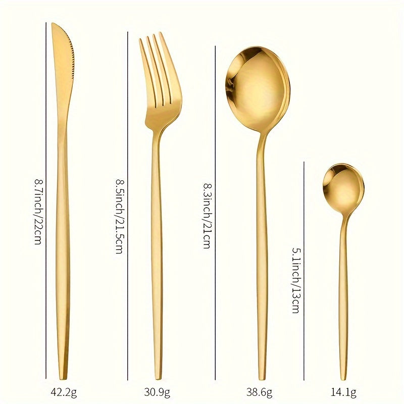 24-piece Golden Cutlery Set with steak knife, salad fork, table spoon, and dessert spoon. Mirror polished, durable, and dishwasher safe. Efficient and economical.