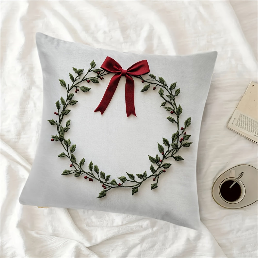 Embroidered Mistletoe Wreath Pillow Cover, made of 100% Polyester. Features Square Zippered Cushion Case, Double-Sided Short Plush. Machine Washable. Perfect for Christmas & Easter Decor. Suitable for age 14 and up. Pillow not included.