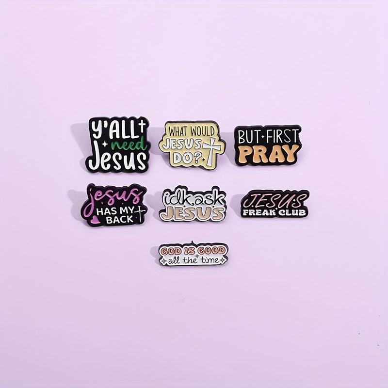 A set of 7 retro and cute enamel pins with inspirational English letter slogans. Perfect for adding a touch of geometric fashion to your clothing.