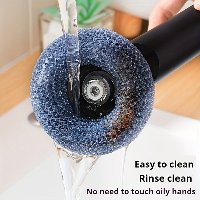 Pot brush with handle, featuring a soap dispenser and non-electric design. This plastic kitchen brush is perfect for cleaning pans and bowls, with an easy-to-clean steel wool brush included for non-stick pans and stove sink decontamination.