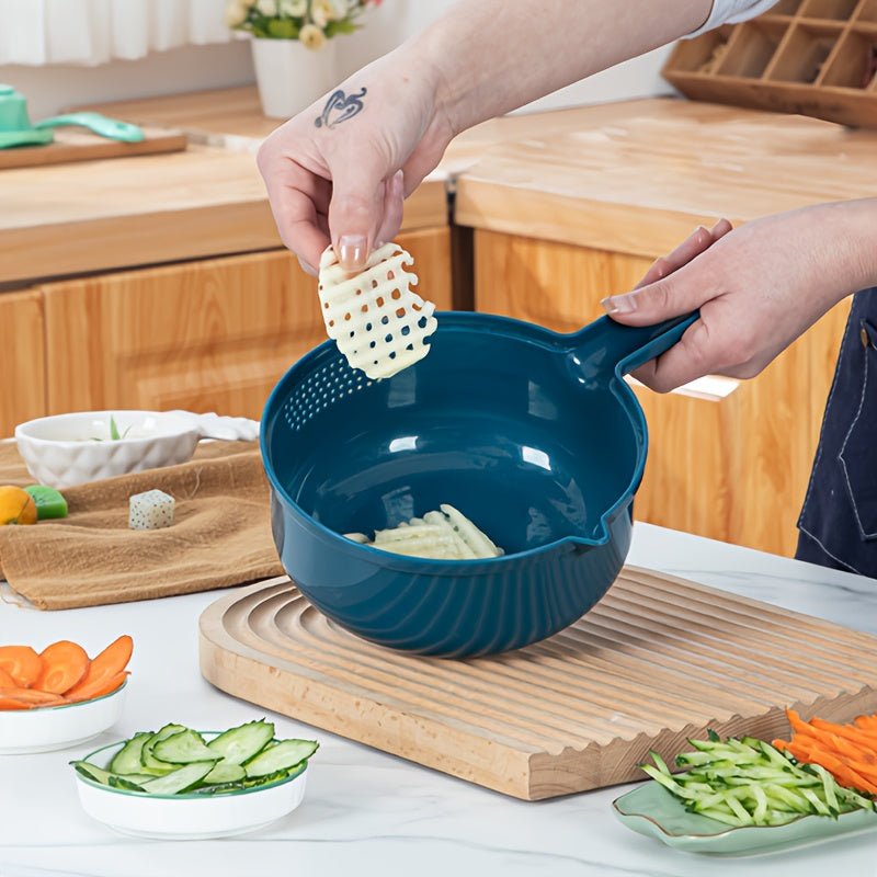 Handheld multifunctional vegetable slicer with safety julienne peeler, potato skinner, and mandoline. Made from ABS material for versatile chopping in the home kitchen.