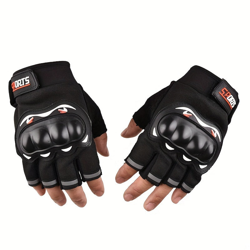 Nylon woven half-finger riding gloves with hook & loop closure, machine washable for motorcycle riding.