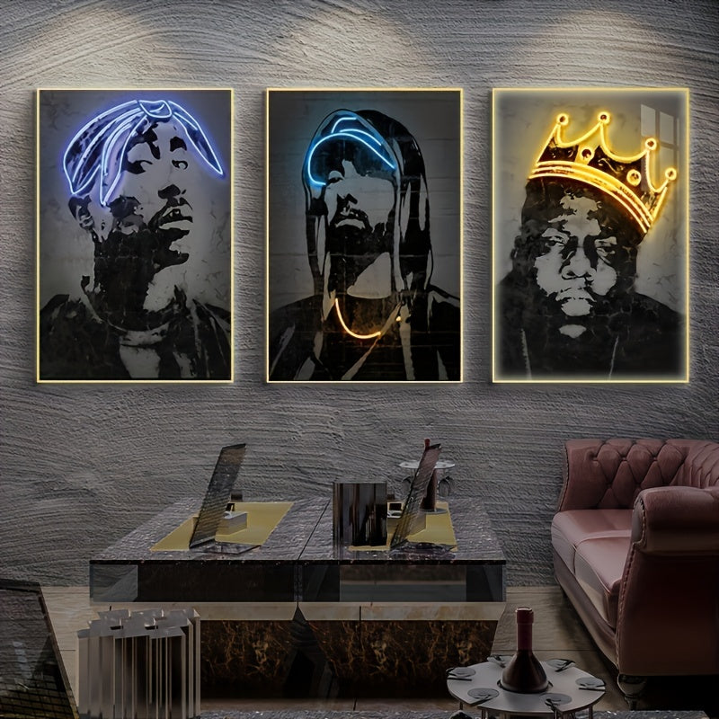 Neon Rapper Canvas Set - Hip-Hop Wall Decor, Frameless, Ideal for Various Rooms & Bar