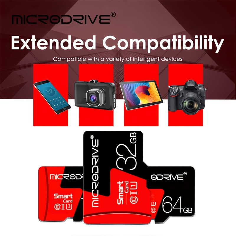 Microdrive offers high-speed TF SD memory cards in sizes ranging from 4GB to 256GB, with a 4K HD USB card reader adapter included.