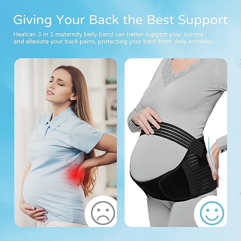 A versatile maternity belly band made of soft polyester, providing support during pregnancy for back pain relief, hip and pelvic support. It is portable, lightweight, and an ideal Christmas and holiday gift for expectant mothers 14 and older.