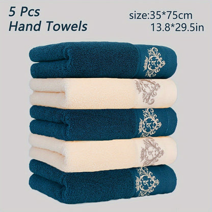 5 soft cotton hand towels with crown embroidery, quick-dry, absorbent, thick (35x75cm) for bathroom, shower, hotel, gym, spa. Available in dark gray, light gray, white, beige, teal blue. Can also be used as bath towels.