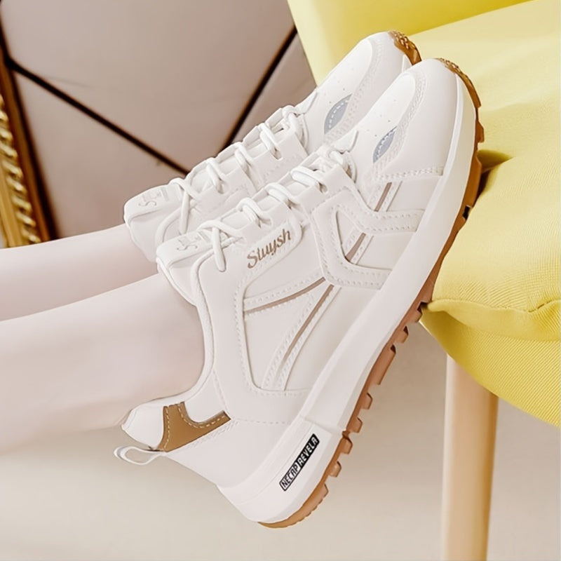 Exclusive Women's Fashion Sneakers: Lightweight Lace-up Running Shoes with Solid Color Low Top, Plain Toe, and Hand Washable Design. Features All-Season Rubber Sole, EVA Insole, and Fabric