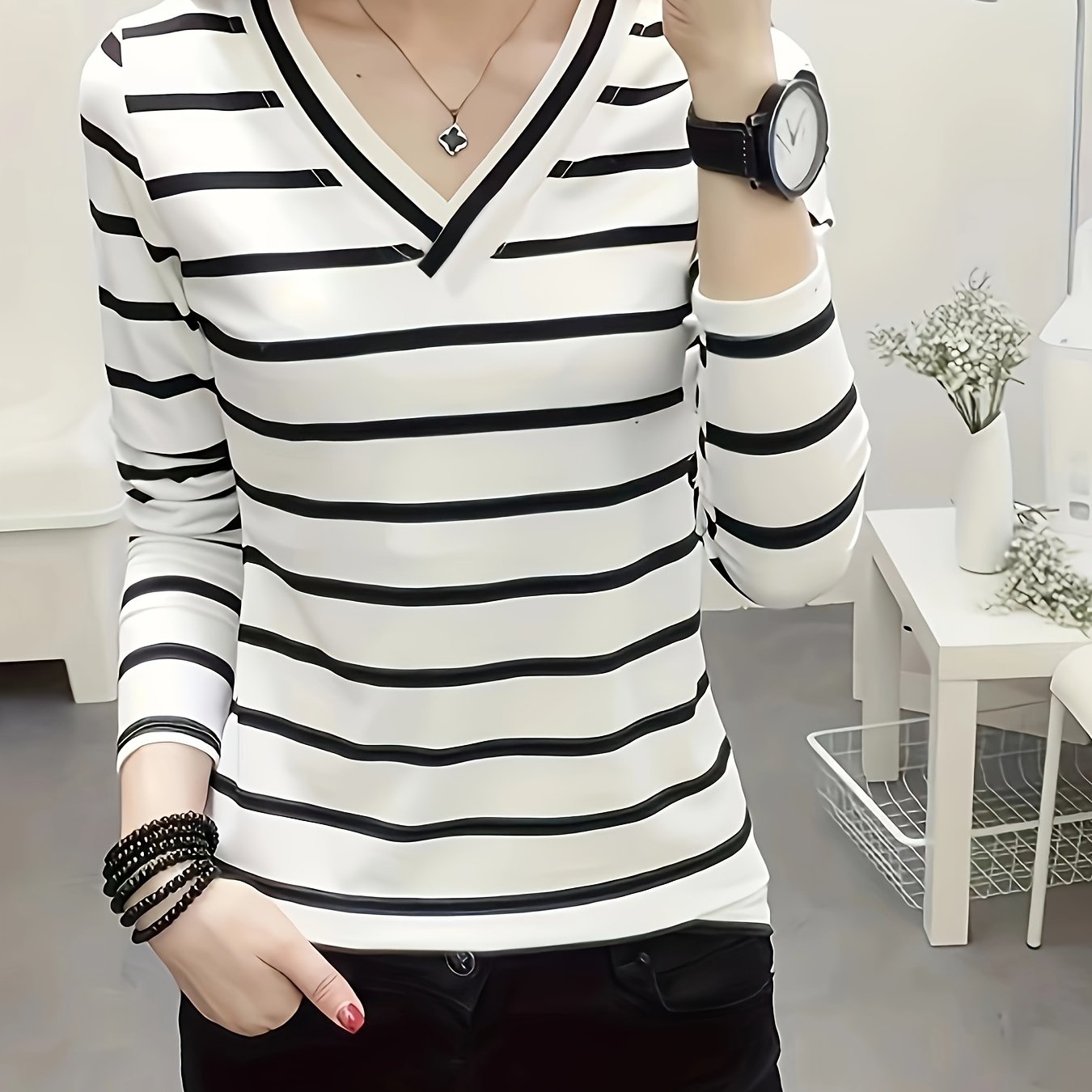 Striped V Neck Long Sleeve T-Shirt for Women, Ideal for Spring and Fall