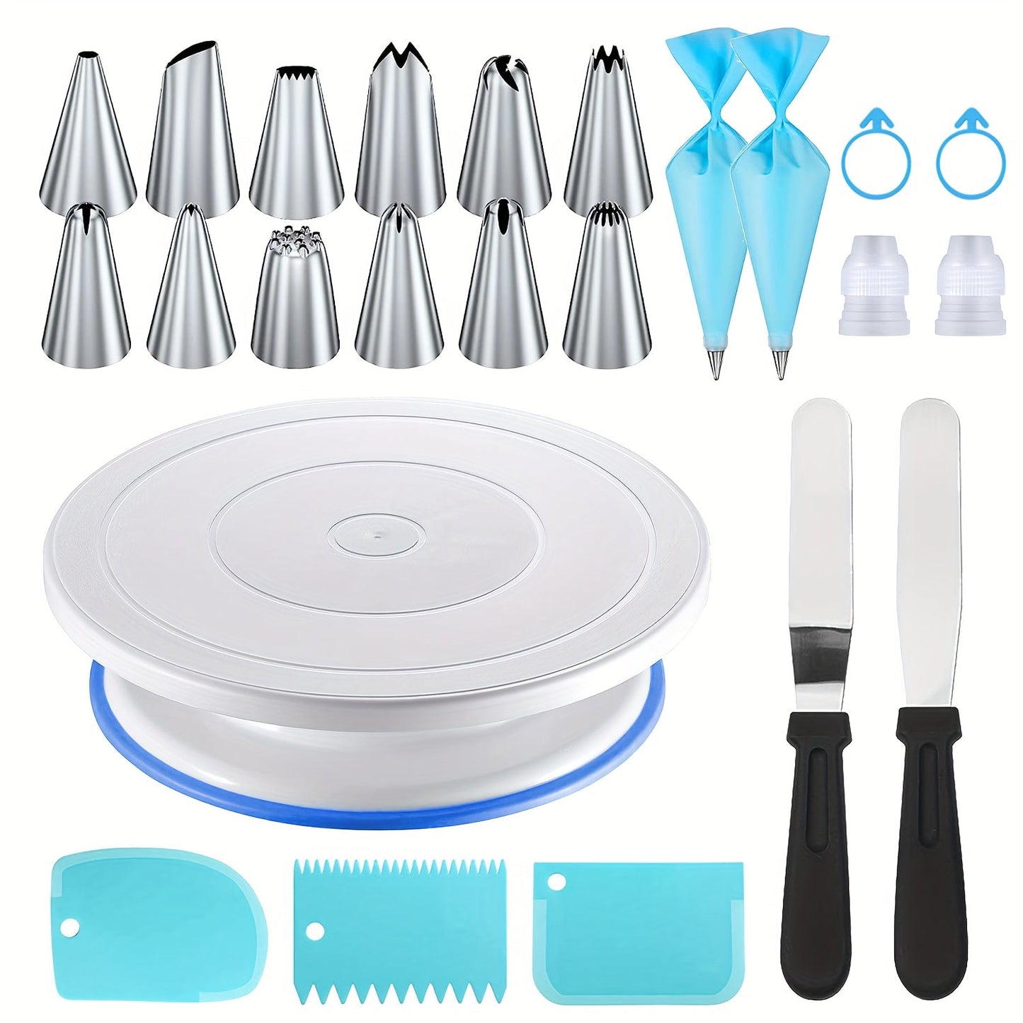 Cake decorating set includes 24 stainless steel piping nozzles, 12 piping nozzles, 1 cake turntable, 2 reusable piping bags, 2 silicone rings, 2 converters, 2 cream spatulas, and 3 cream scrapers. Perfect for creating beautifully decorated cakes and