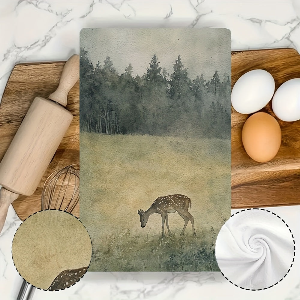 Get two ultra soft kitchen towels featuring a serene meadow and deer design. These highly absorbent polyester dish hand towels are machine washable and measure 40.64x60.96 cm. They are perfect for holiday decor.