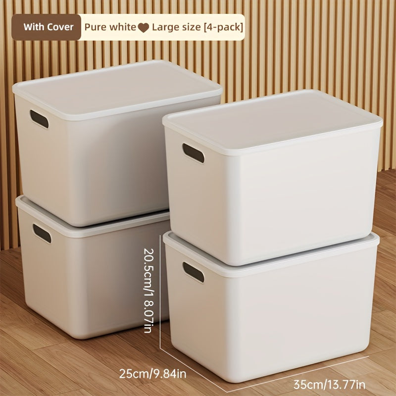 Get organized with this set of four large capacity portable plastic storage bins. These durable, multipurpose organizers come equipped with handles for easy carrying. Perfect for storing snacks, underwear, and kitchen essentials, these sturdy bins are