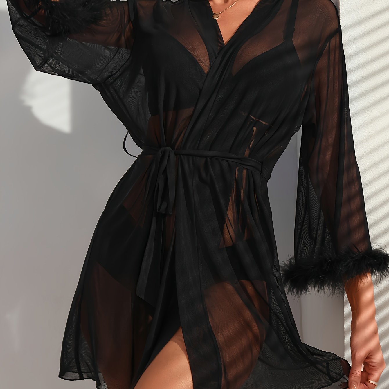 Fuzzy trim semi sheer nightgown with deep V neckline and long sleeves, includes belt - perfect for sexy lingerie.