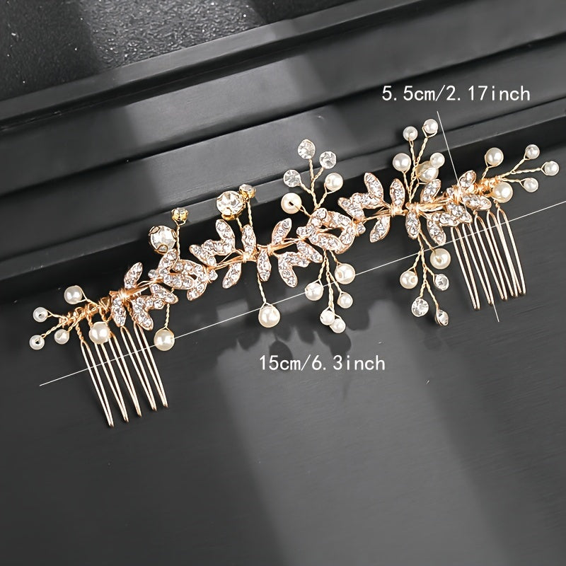 Elegant floral wedding chignon plate hair accessory handmade with rhinestones, pearls, and a pair of combs for European and American brides.