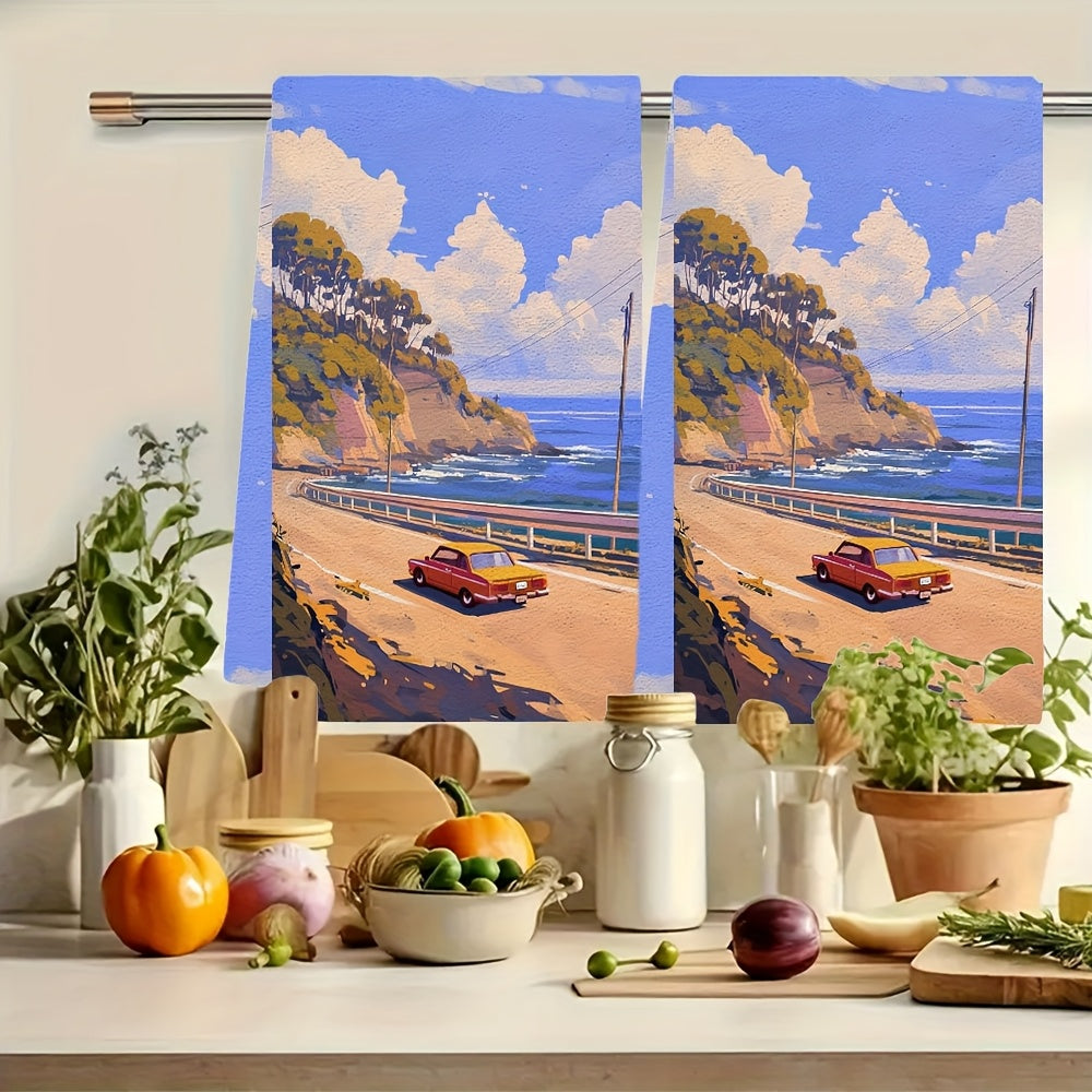 Set of 2 Ultra Soft Kitchen Towels perfect for your holiday decor, featuring a beautiful beach or coastal design. These highly absorbent dish hand towels are machine washable and measure 16x24 inches. Bring a touch of coastal charm to your kitchen with