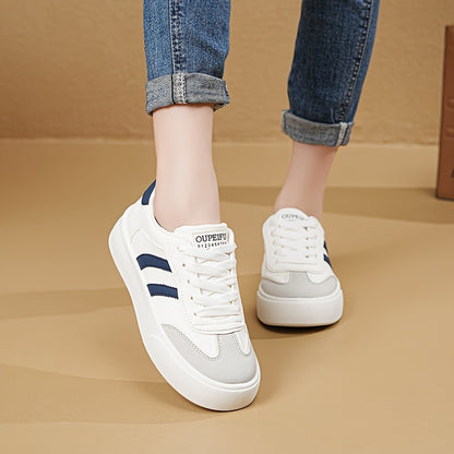 Breathable Lace-Up Cap Toe Sneakers with Korean Style Stripes for Women - All-Season Fashion Shoes with PVC Sole and Non-Woven Insole