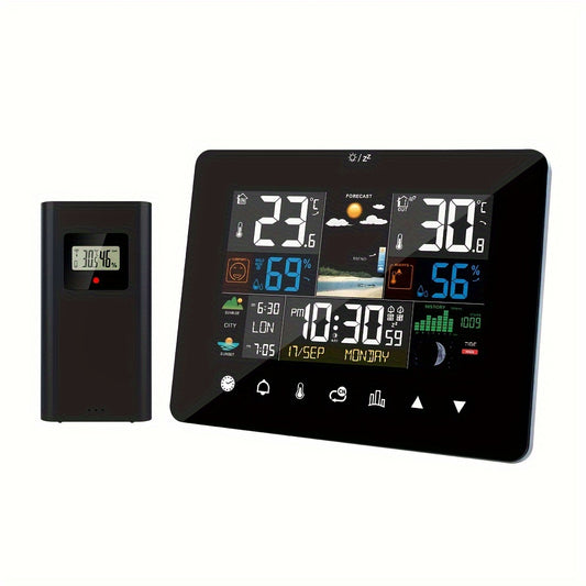 Color display weather station with indoor/outdoor thermometer, atomic clock, and sensor with backlight. Displays temperature, humidity, and weather icons for home and garden.