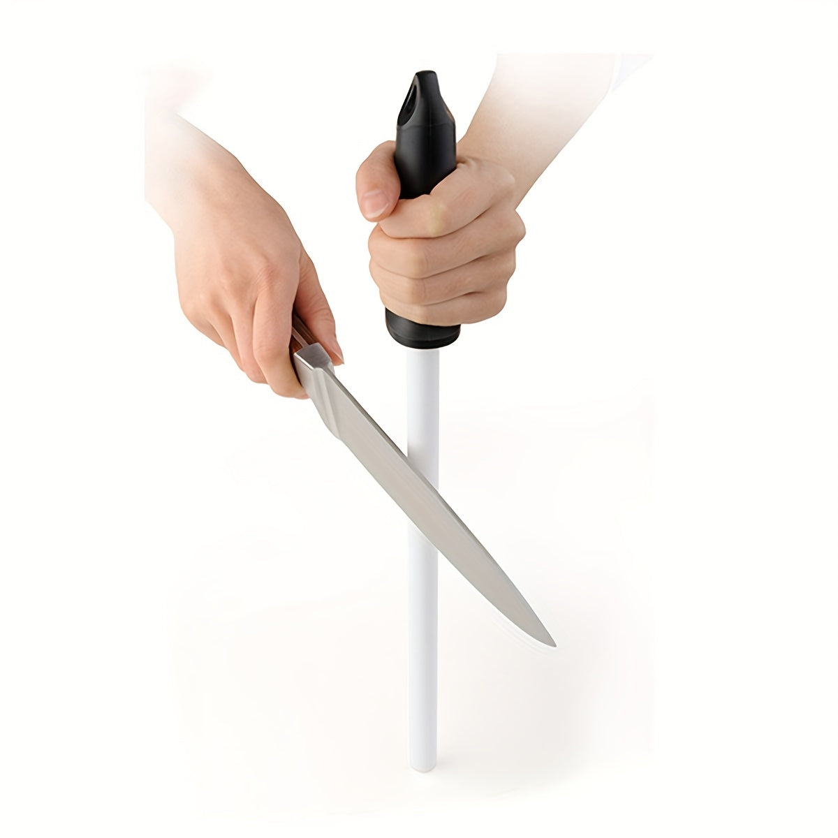 Upgrade your kitchen with a 10-inch ceramic sharpening rod complete with a safety guard and ergonomic grip. Perfect for home cooks, professional chefs, and restaurants alike. This fine grain rod doesn't require any power, making it a convenient and