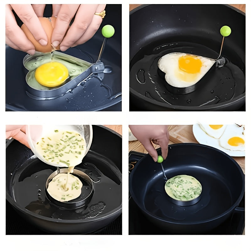 Enhance your cooking experience with this set of five stainless steel egg molds. These thickened, non-stick molds are perfect for frying and poaching eggs, and are designed with heart shapes and rice balls to bring a fun touch to your creative dishes.