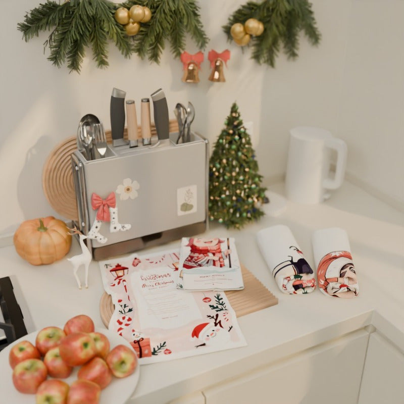 4 pieces of 18 by 66.04 cm Merry Christmas kitchen decorations, including soft Christmas kitchen towels with snowflake and snow Christmas tree design. Perfect for gifting or adding festive decor to your kitchen. Made with CUDMZ fabric.