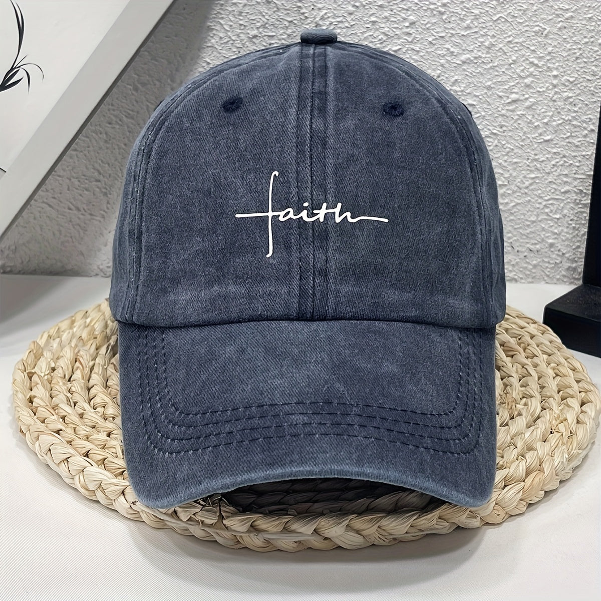 Vintage style denim baseball cap with faith embroidery, alphabet pattern, and adjustable fit for casual streetwear.