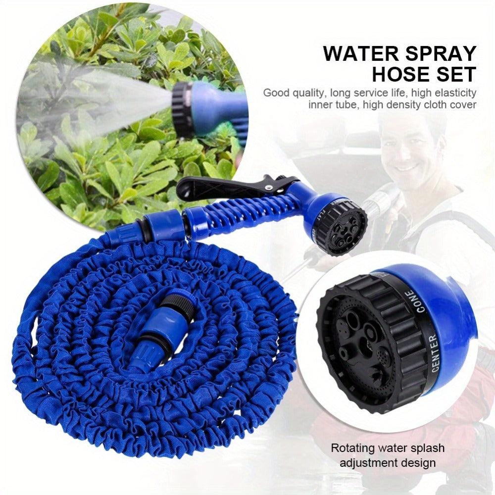 Blue garden hose with adjustable spray gun, durable and flexible for various tasks like watering plants, car washing, lawn care, and home cleaning. Compatible with G1/2" connector.