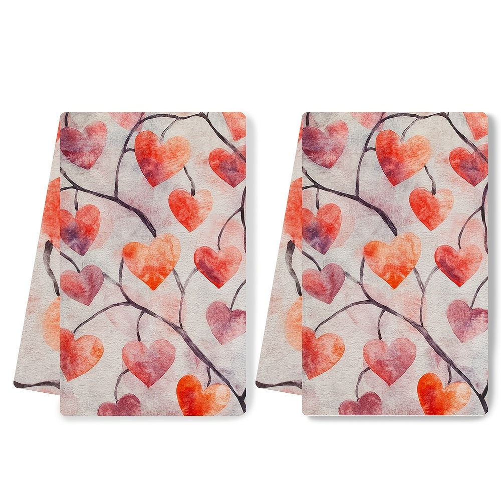 Valentine's Hearts Kitchen Towels - Set of 2, Super Soft and Absorbent, Machine Washable Dish Hand Towels, Romantic Red and Pink Heart Design on White Background, Size 40.64x60.96 cm, Perfect for Holiday Decor and Everyday Use