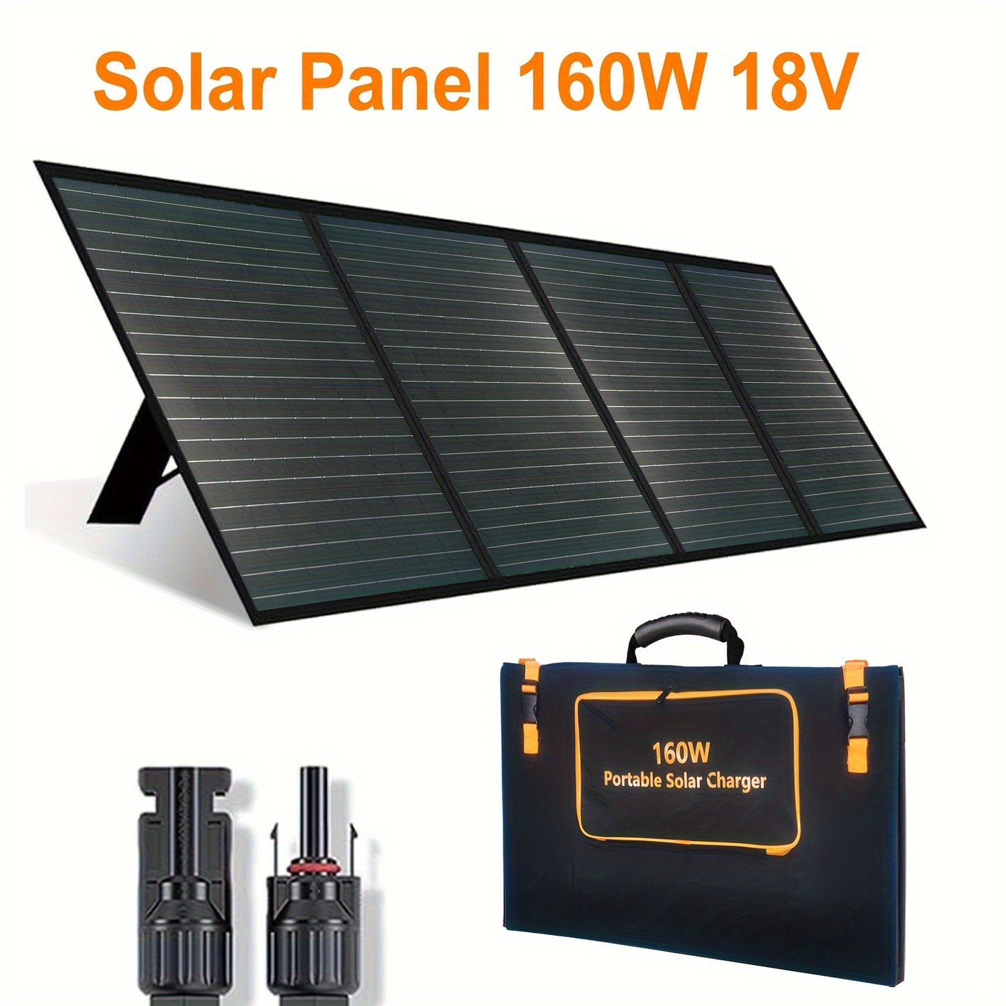 160W Portable Solar Panel with high slew rate, foldable design and adjustable kickstand, perfect for outdoor camping and RV off-grid systems.