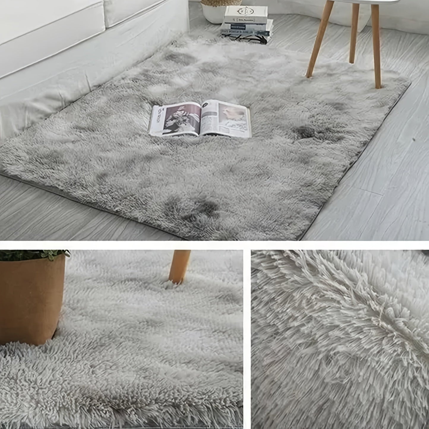 One piece of ultra soft tie-dye grey carpet with gradient color silk PV velvet material, available in various sizes: 15.74x23.62 inches, 39.37x62.99 inches, 47.24x62.99 inches, 47.24x78.74 inches, and 62.99x78.74 inches. Ideal for use in living rooms