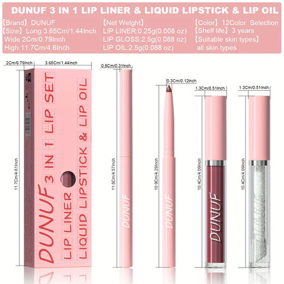 3-piece lip set with durable, waterproof, and sweat resistant formulas that are easy to apply and long-lasting. Includes lip gloss, lip liner, and lip glaze for a matte finish.