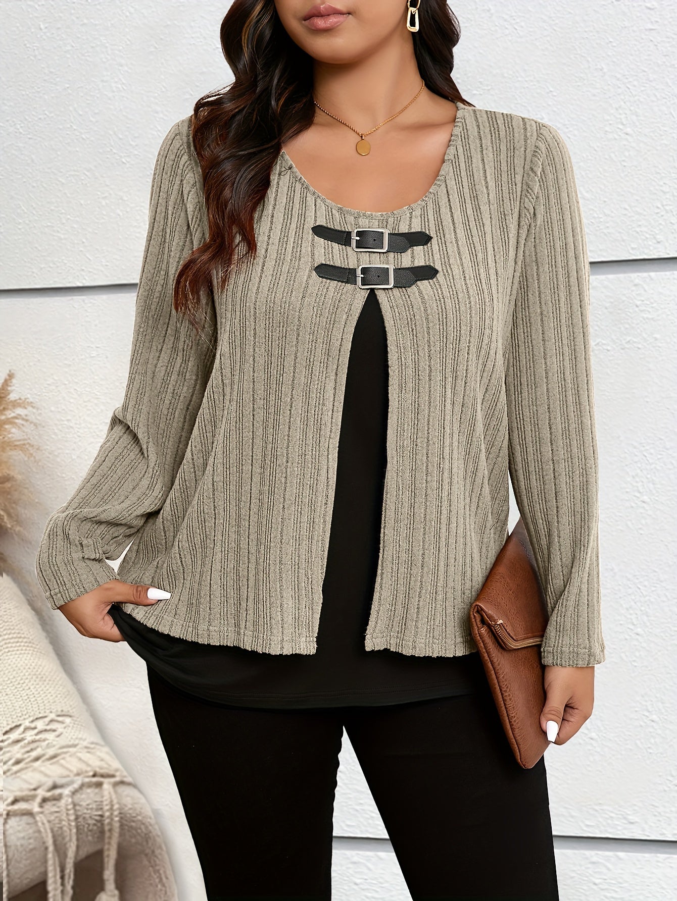 Stylish plus-size women's top with colorblock faux fur detail, stretchy polyester blend, machine washable - ideal for fall/winter seasons.