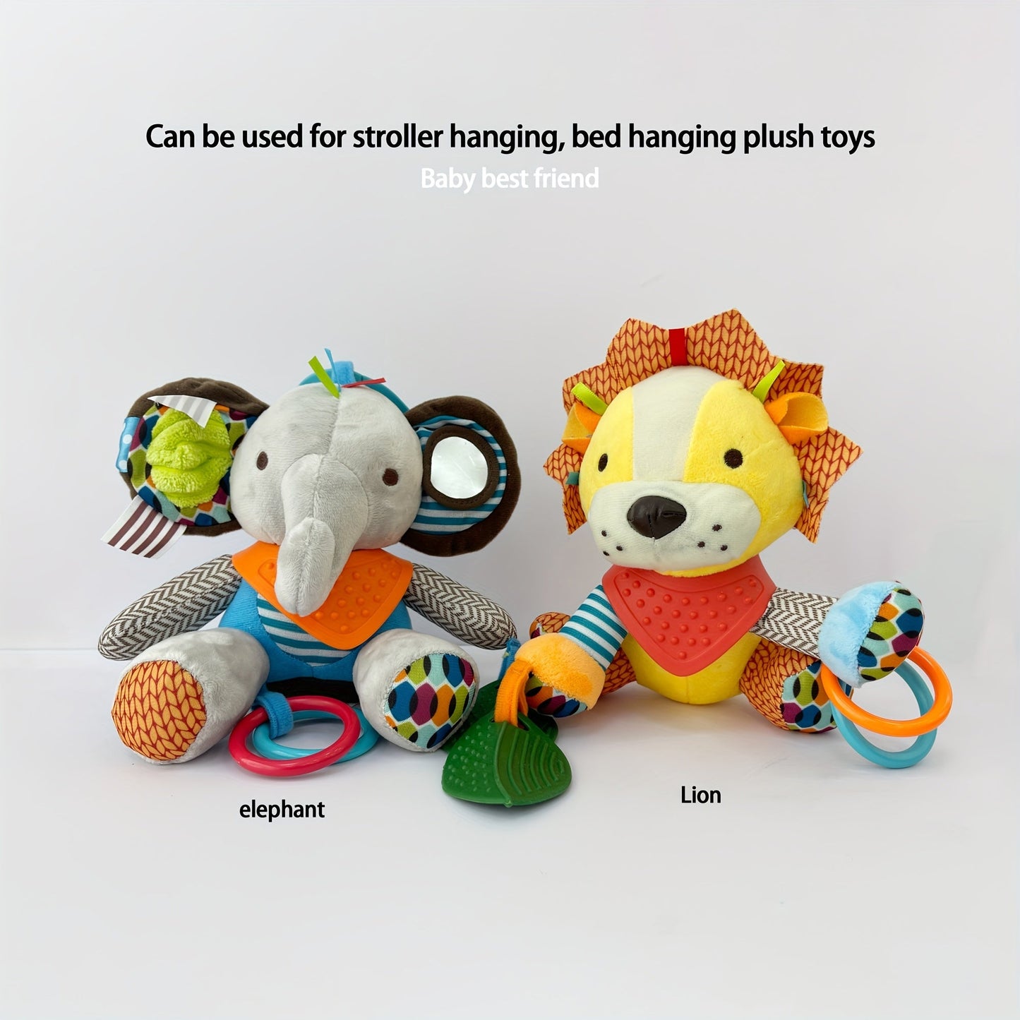 This plush toy featuring an elephant, fox, lion, dog, and raccoon can be used as a stroller hanging toy, doll, or a perfect gift for birthdays, Christmas, Thanksgiving, New Year, or Easter.