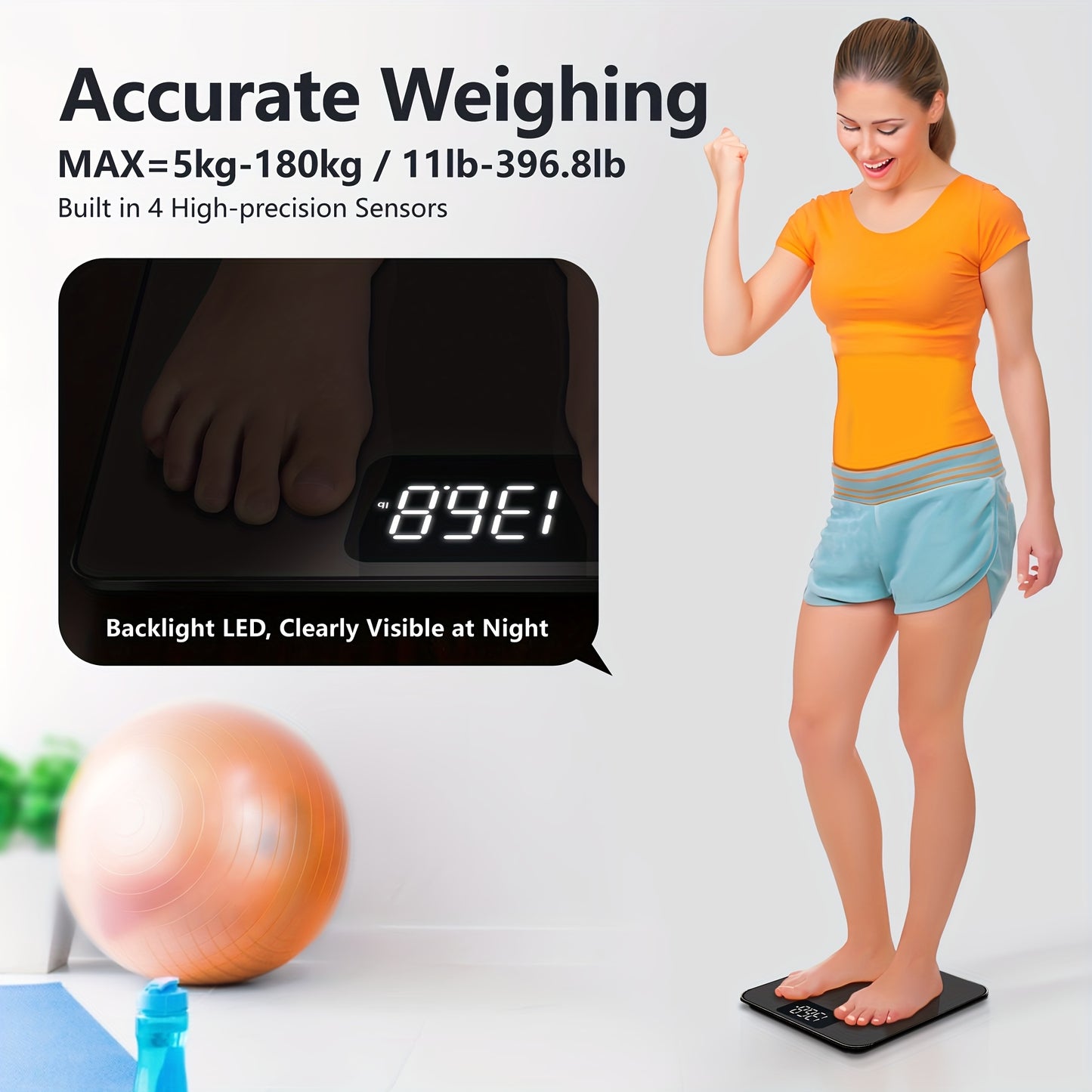 Digital bathroom scale measures body weight accurately up to 181.44 KG. KG/lb unit. Battery not included.