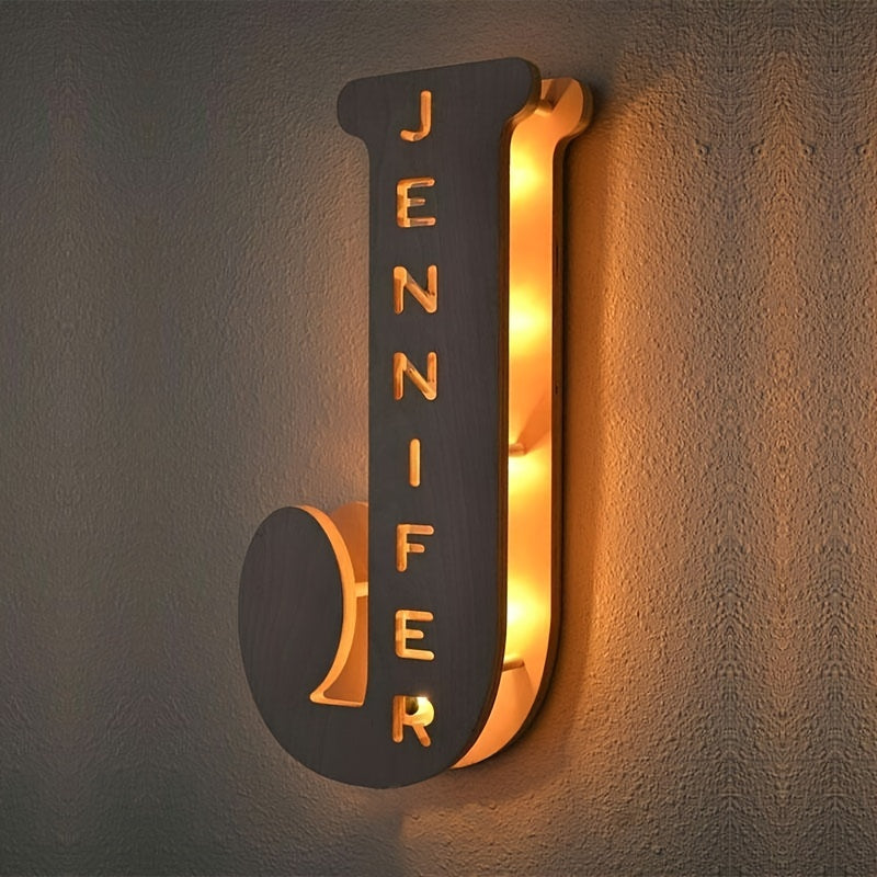 Custom LED letter night light for couples, friends, and family - personalized wooden wall lamp powered by USB. Ideal for bedroom decor with custom uppercase letters.