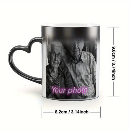 Customized color-changing mug with heart handle - perfect for Father's Day, Mother's Day, and seasonal gifts.