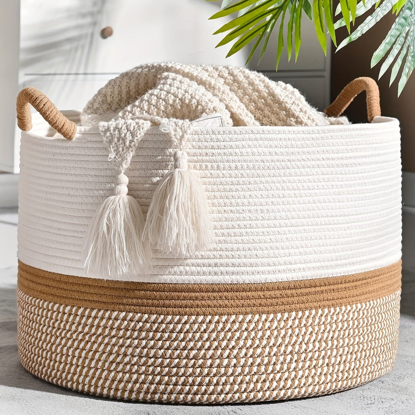 Round Bohemian Style Woven Laundry Basket featuring Handles - Perfect for Bathroom or Living Room Storage - Ideal for Clothes, Towels, Pillows, Toys, and More