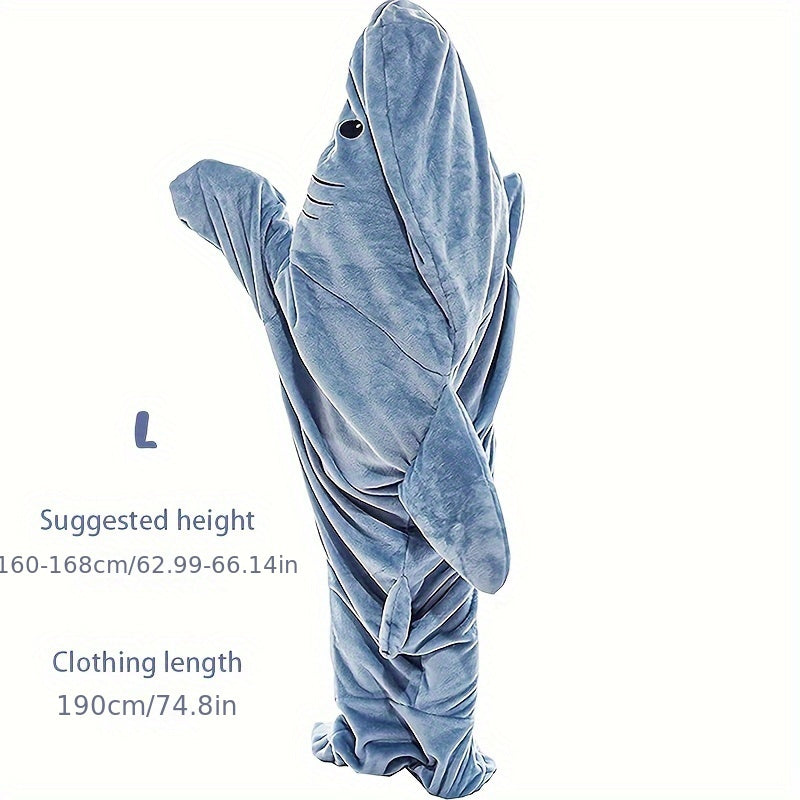 Thickened and warm 1pc Shark Loungewear Pajamas that transform into a multifunctional blanket, perfect for wearing at home or as a cozy sleeping bag with a fun cartoon shark design.