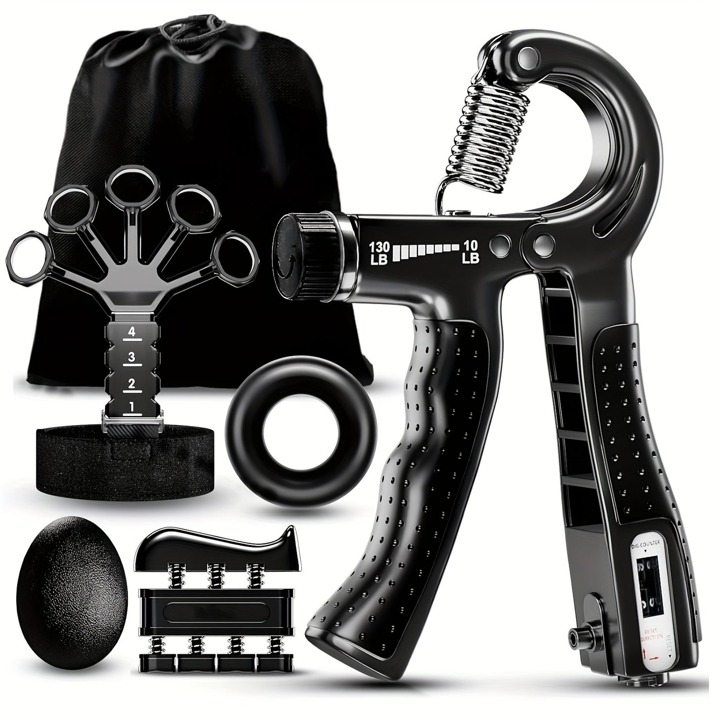 Hand Grip Strengthener Kit includes 5 pieces: Grip Strength Trainer, Forearm Trainer, Adjustable Finger Stretching Rope, Grip Ring, and Grip Ball.