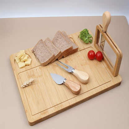 Premium bamboo cutting board and cheese cutter set for slicing fruits, cheese, and butter - Great gift for Father's Day and Mother's Day.