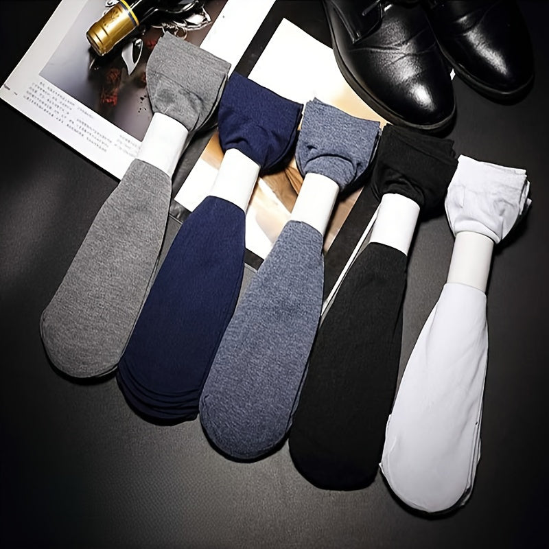 10 pairs of men's ultra-thin, sweat-wicking mid-calf socks for daily wear and sports, made of a breathable polyester spandex blend in solid colors.