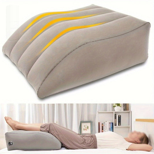 This inflatable leg pillow is made of polyester and features a convenient storage nozzle design. It provides comfortable leg positioning, promotes muscle relaxation, and is perfect for naps and injury recovery. This advanced cushion is also ideal for use