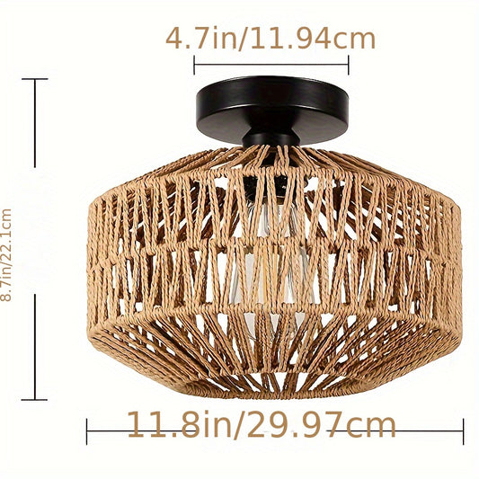 Bohemian style semi-flush mount ceiling light fixture with hand-woven rattan shade and modern metal frame. Energy-efficient, hard-wired, E26 medium bulb base. Suitable for bedroom, living room, kitchen, hallway. Light source not included.