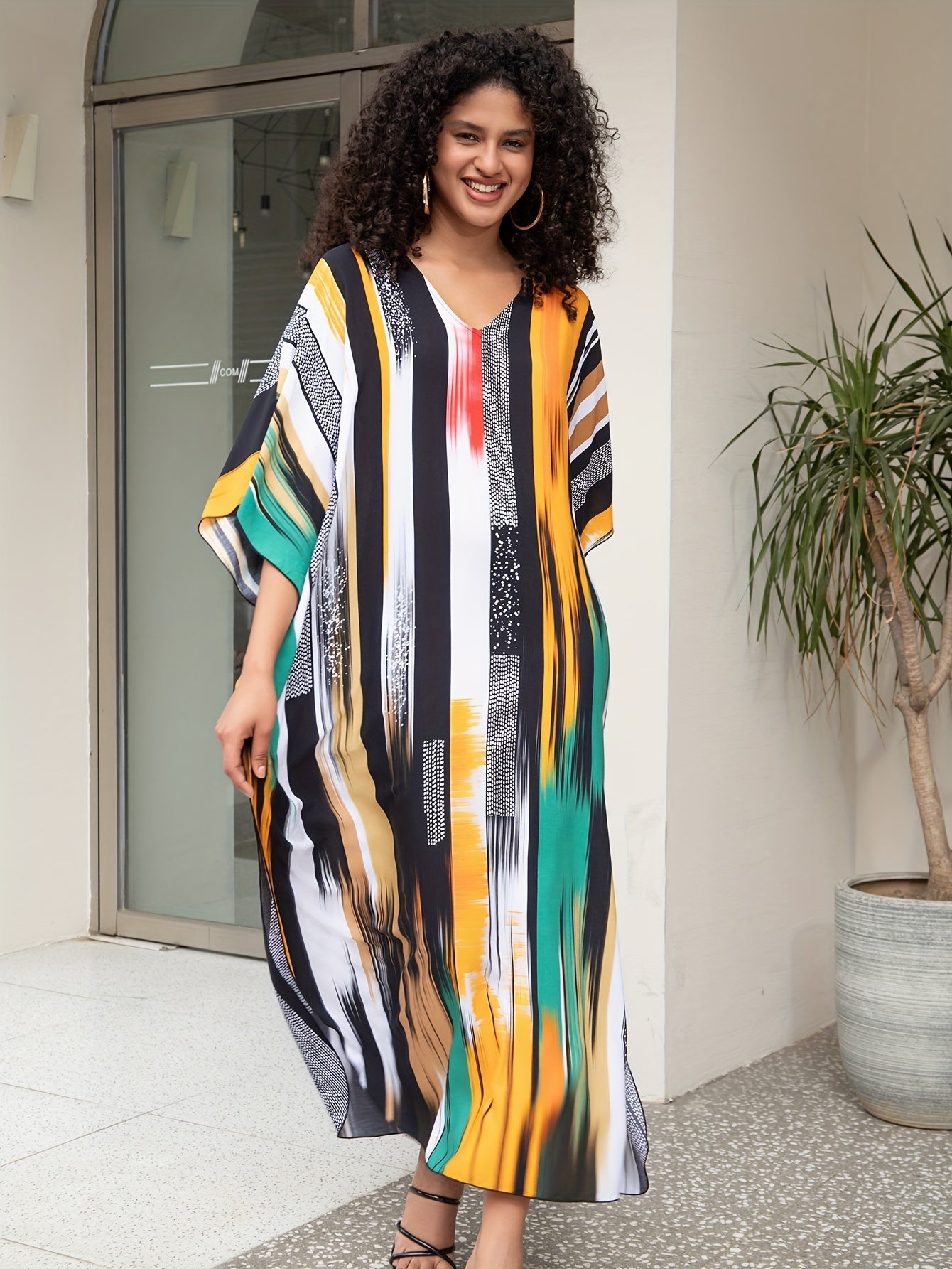 Plus Size Colorful Striped Boho Cover Up Dress