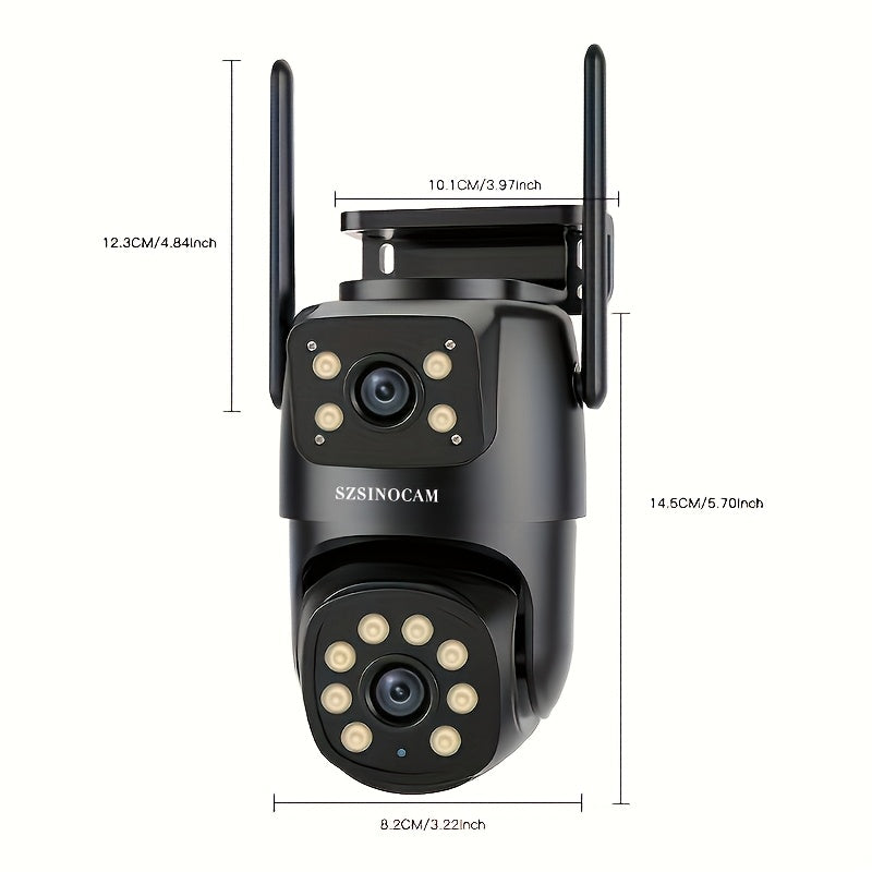 Outdoor surveillance system with HD dual lens WiFi camera featuring pan/tilt, night vision, motion alerts, two-way audio, USB power, and app control.