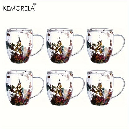 Set of 1/2/4/6, 11.8oz creative double-layer glass mug with real flower filling and handle, 350ml capacity. Made with high borosilicate glass.