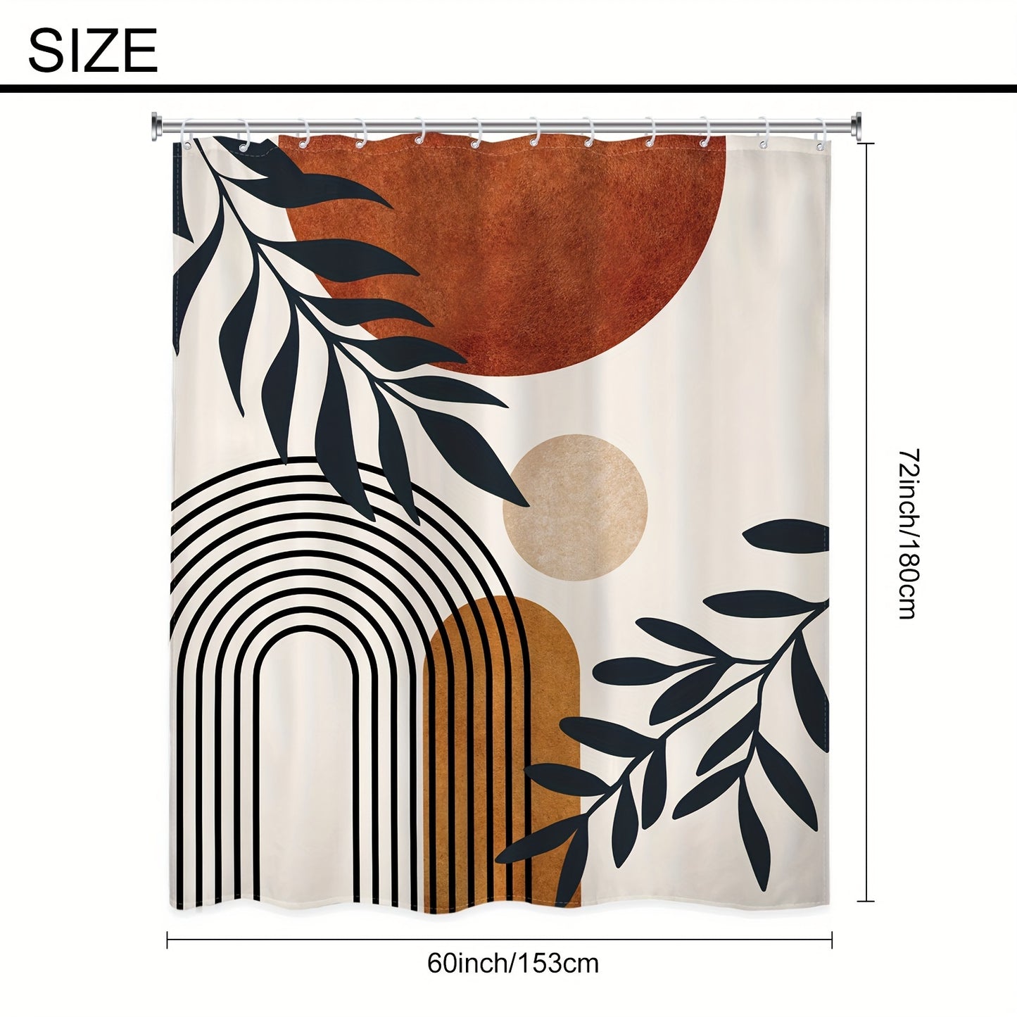 Bohemian abstract medieval shower curtain set includes 1 waterproof curtain, 12 hooks, non-slip bath mat, U-shaped toilet mat, lid mat, and bathroom accessories. Features brown geometric leaves and arched sun plant decoration in a neutral modern