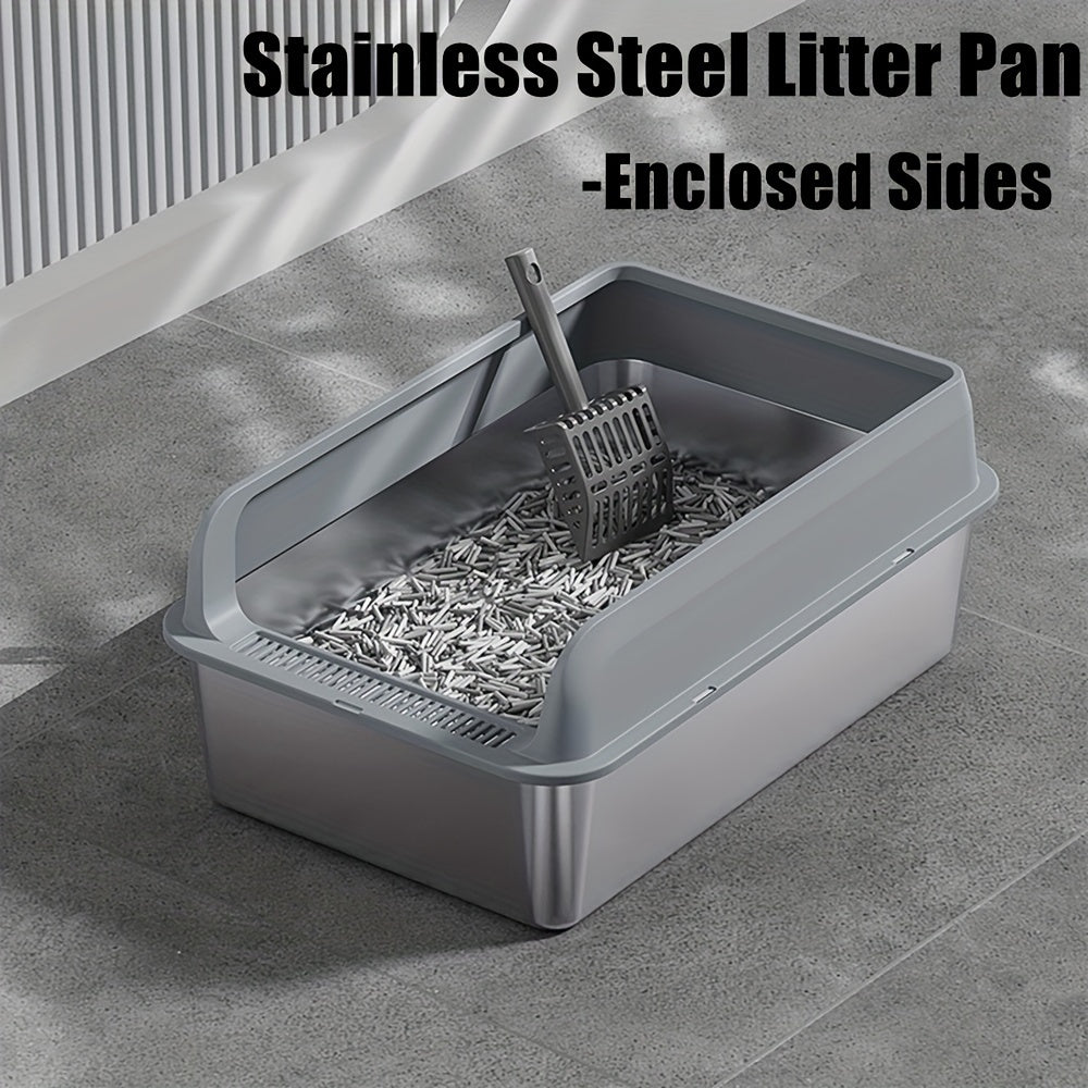 Large stainless steel cat litter box with enclosed top, high-sided, odor-resistant, leak-proof, easy to clean, includes scoop.