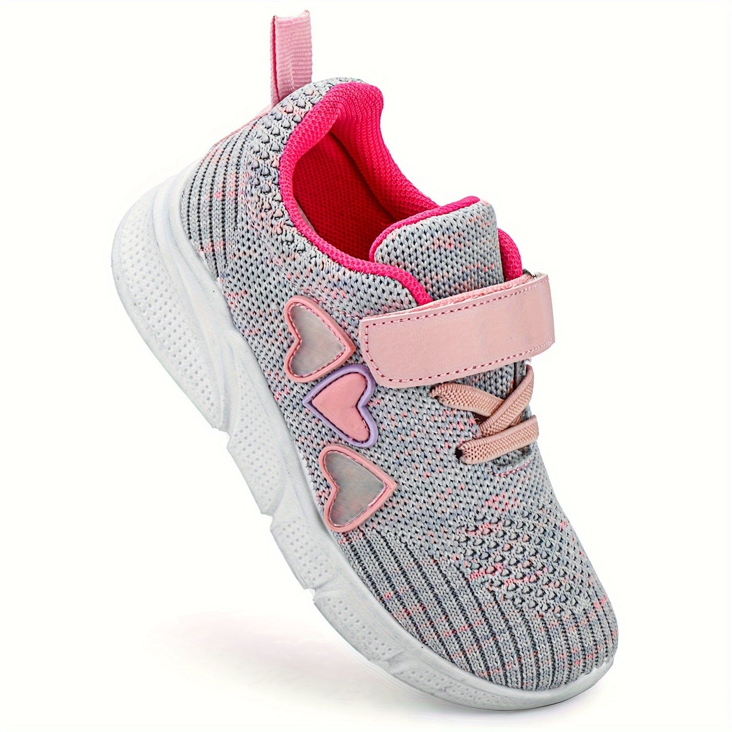 Kids' pink heart design athletic sneakers with breathable knit upper, secure hook-and-loop closure, non-slip rubber sole, perfect for running and walking all year round.